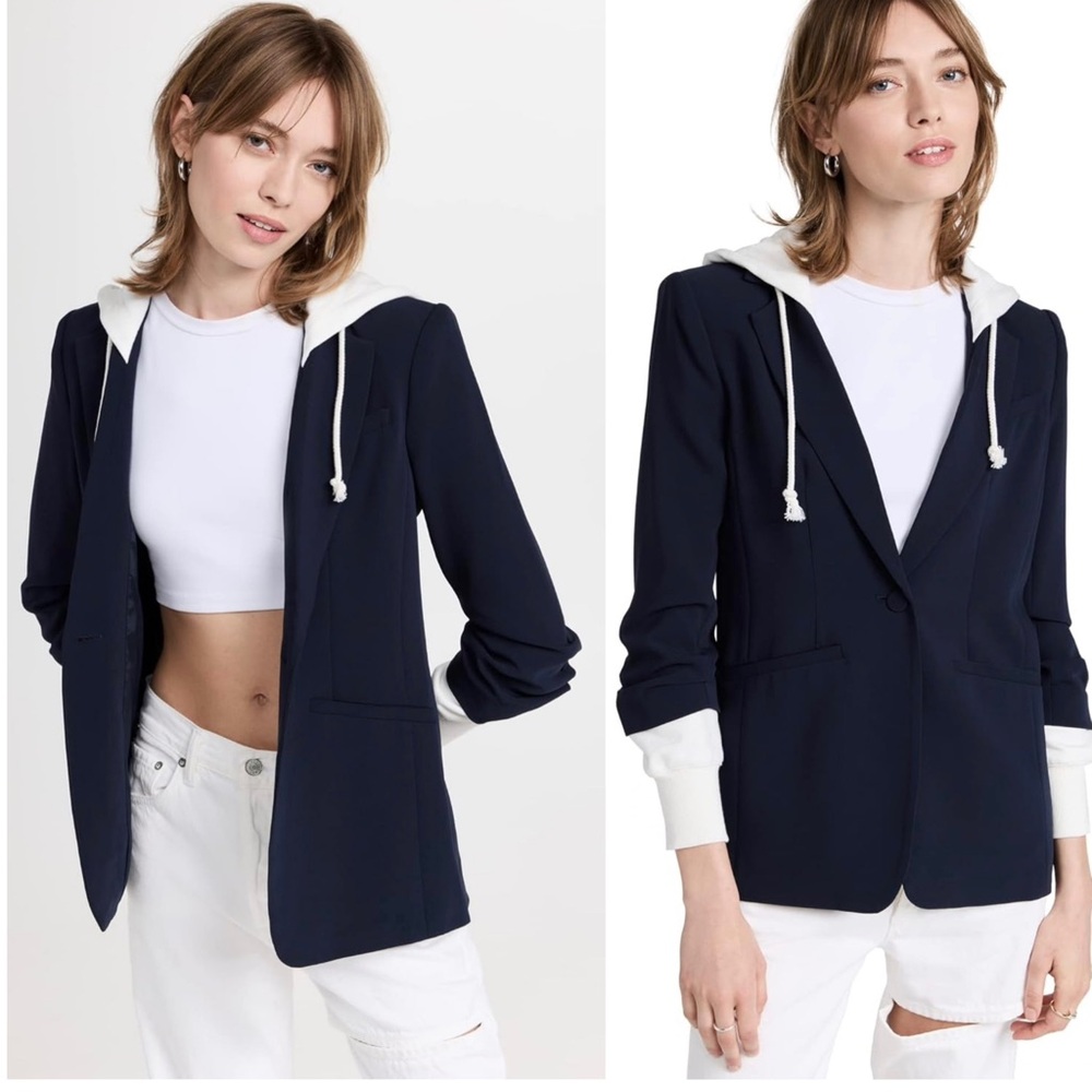Cinq a Sept Women’s Hooded Relaxed Fit Navy Blue and White Khloe Blazer Jacket - Picture 4 of 15